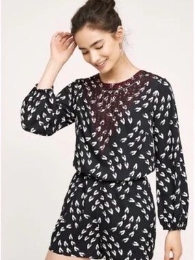 Ranna Gill Black and White Printed Long-Sleeve Romper with Maroon Neck Detail